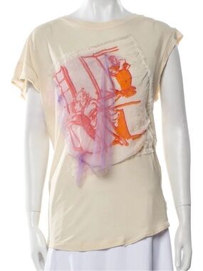 Louis Vuitton Cream Graphic Silk Tee with Orange & Pink Applique